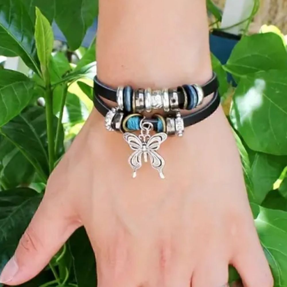 Leather bracelet adjustable butterfly